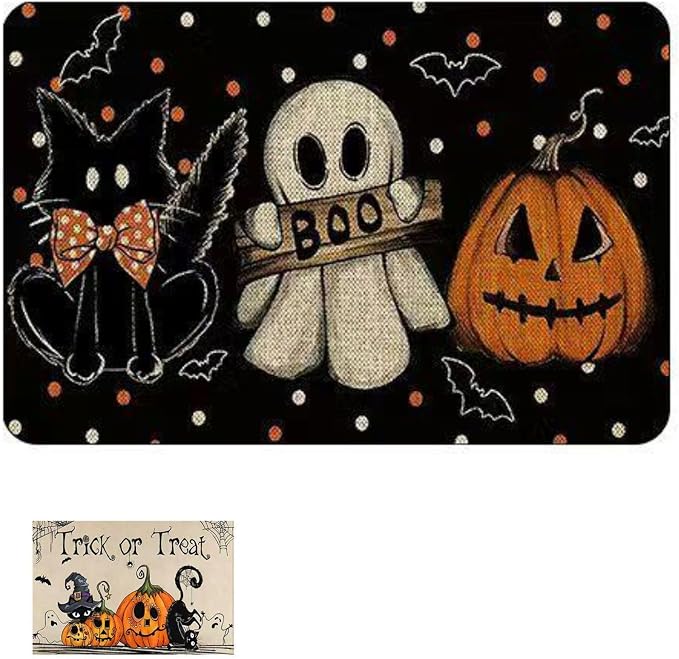 Halloween Doormat, Orange Cat Pumpkin Ghost Design,17×29 in