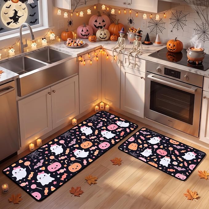 Pink Halloween Kitchen Rugs Set of 2 Non Slip Cute Ghost Runner Mats - skull carpet