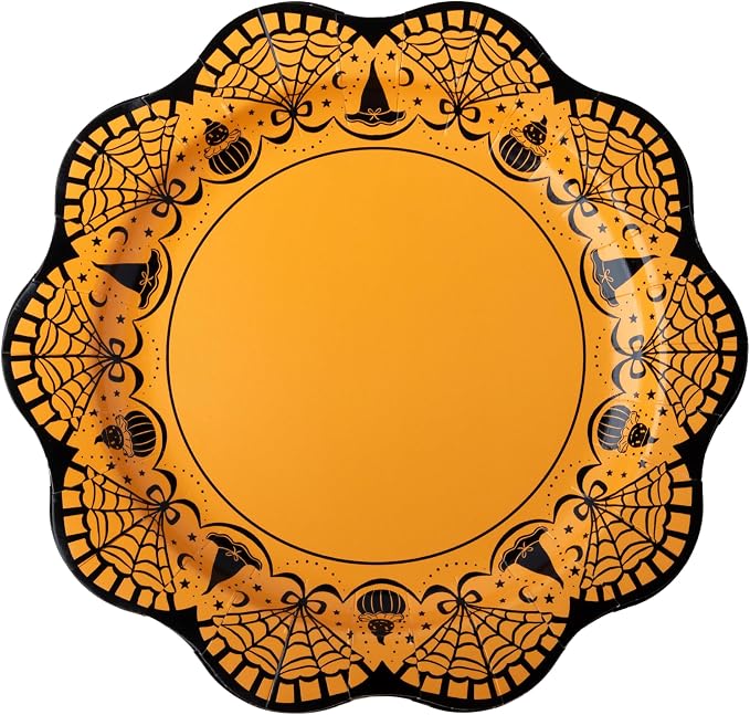 Bonjour Fete Vintage Halloween Paper Plates, Scalloped Dinner Plates, 11 In - skull plate