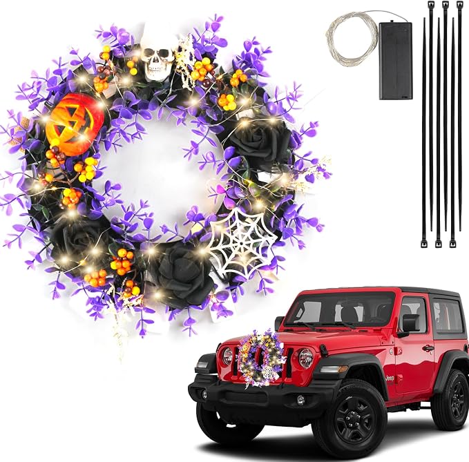 Lighted Halloween Car Wreath, 13″ Artificial LED Car Wreath with Pumkin, Skull and Black Purple Rose for Front Grill, Light Powered Halloween Wreath Decor Fits Jeep Truck SUV RV and Golf Cart