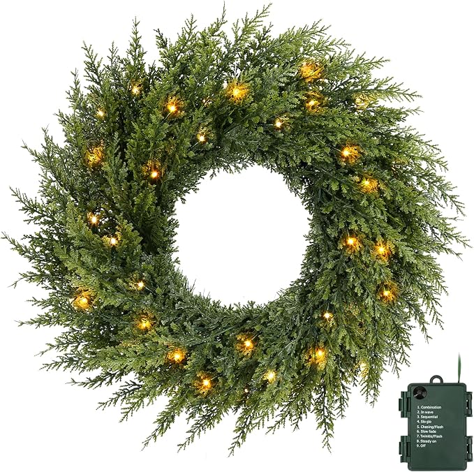22inch Artificial Touch Cedar Christmas Wreath, 30 Battery-Powered Lights - skull wreath