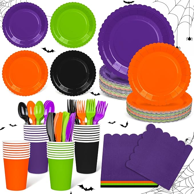 168Pcs Black Orange Purple Paper Plates and Napkins Set, Gradient Tableware - skull plate