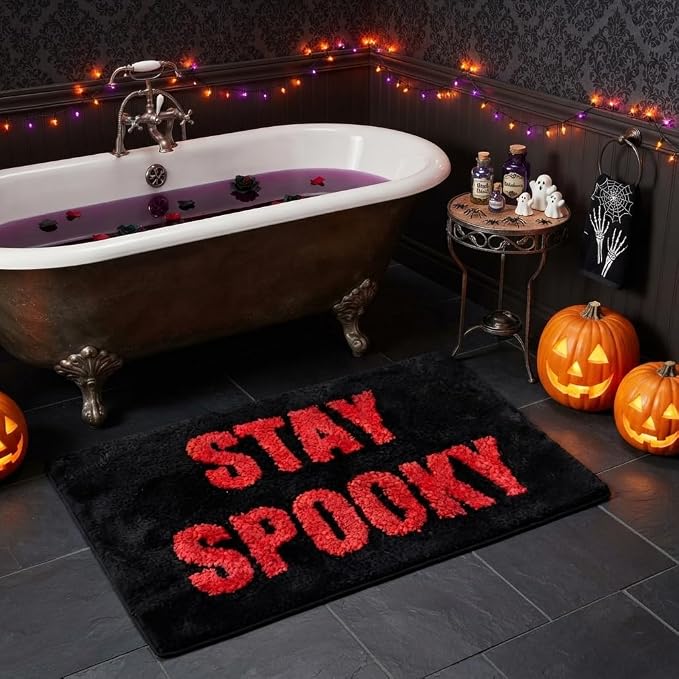 Halloween Bathroom Rugs, Stay Spooky Bath Mat Non-Slip Bath Rug Machine Washable Goth Rug, 32"×20" Small Area Rugs for Front Door Bedroom Kitchen - skull toilet mat