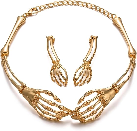 Gothic Skeleton Necklace Earrings Set for Women Halloween Skeleton Hand Skull Choker Earrings Set Punk Vintage Black Skeleton Statement Jewelry Halloween Goth Costume Party Accessories - sugar skull costume