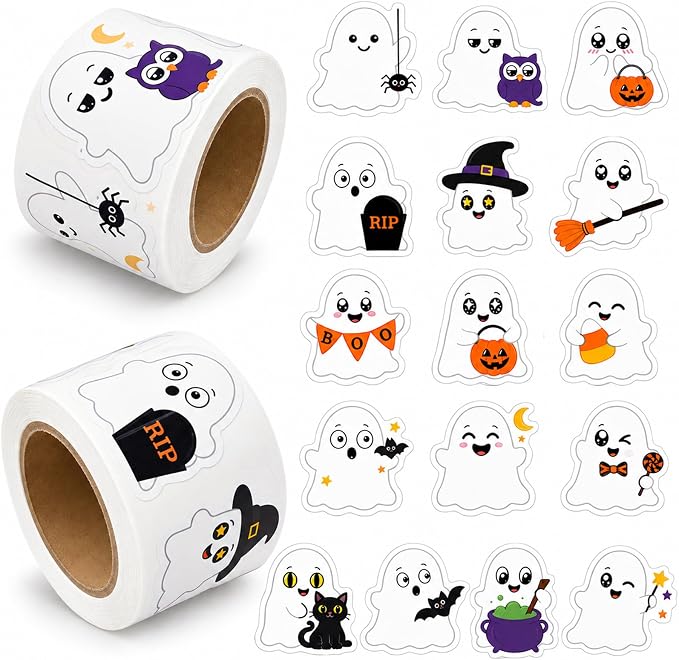 500 Pcs Halloween Ghost Stickers Roll, 2 Rolls 16 Spooky Designs Self Adhesive Labels for Goodie Bags Party Favors, Trick or Treat, Scrapbooking, Classroom Rewards, Halloween Party Decorations - skull sticker