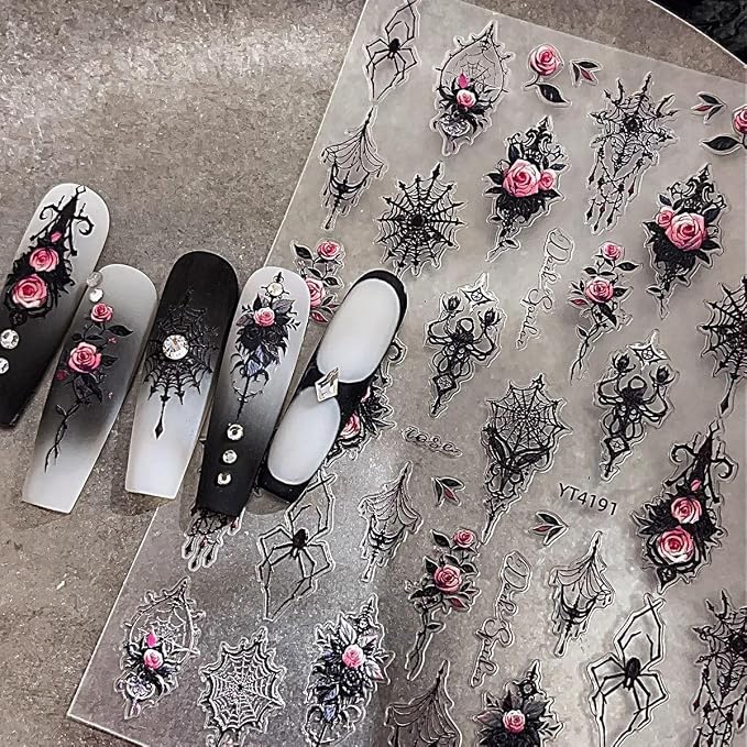5D Y2K Goth Nail Art Stickers Self-Adhesive Embossed Black Lace Pink Rose Nail Decals Gel Jelly Nail Design Cool Spider Punk Easter 3D Nail DIY Manicure (Gothic Black Pink Rose) - skull sticker