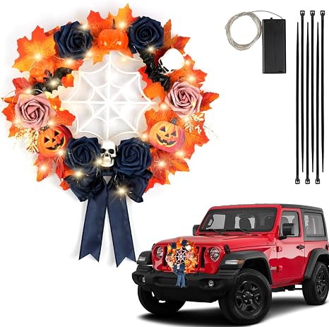 Lighted Halloween Car Wreath, 13″ Artificial LED Car Wreath with Pumkin, Bat, Skull and Halloween Black Bow for Front Grill, Light Powered Halloween Wreath Decor Fits Jeep Truck SUV RV and Golf Cart
