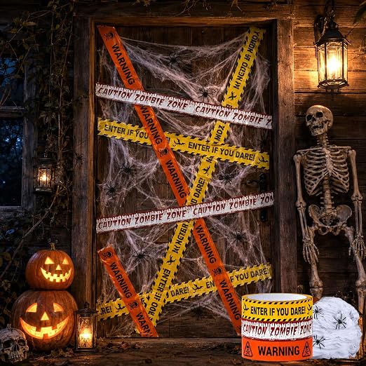 3 Rolls Halloween Caution Tape Spider Web Door Decorations Haunted House - skull sticker