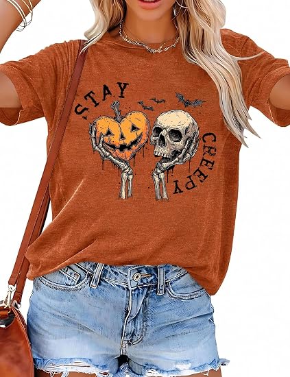 SECETKET Women Halloween Shirt Witchy Shirt Graphic Print Tee Short Sleeve Casual Fall Halloween Witch T Shirt - skull lamp
