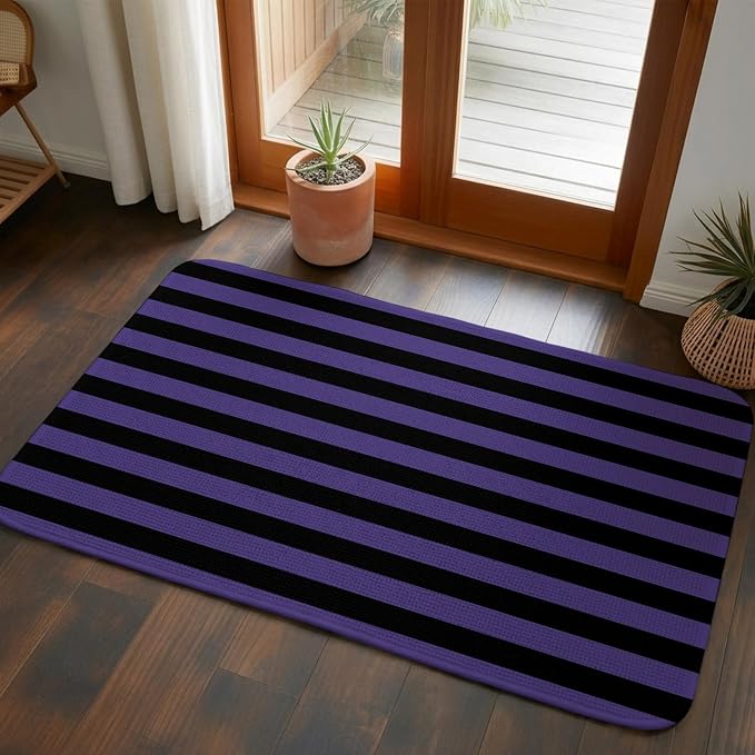 Halloween Doormat Purple Black Stripes Front Door Mat Entrance Soft Non Slip Absorbent Doormats Horror Night Striped Welcome Floor Mat Rugs for Entryway Porch Bathroom Bedroom Kitchen 16"x24" - skull toilet mat