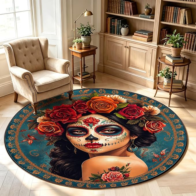 ANNA QUEEN Sugar Skull Circle Rug, 4ft Rose Round Area Rug for Bedroom - skull carpet