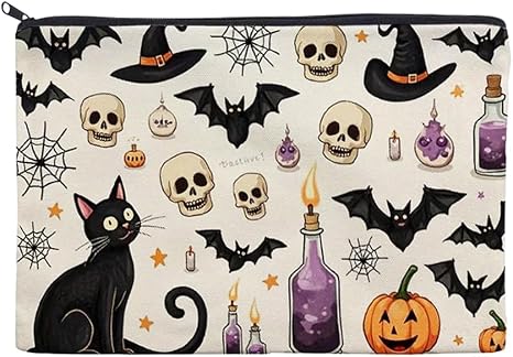 Halloween Makeup Bag for Women Girls Horror Bat Skull Gothic Cosmetic Bag Portable Travel Cosmetic Bags for Purse Fashion Zipper Makeup Pouch - skull suitcase