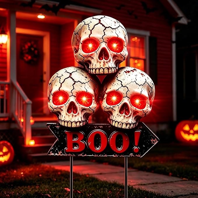 Halloween Decoration Outdoor, Solar Skull Lights with 6 Glowing Red Eyes - skull wreath