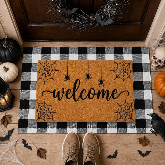 2pcs Halloween Door Mat Set, Spider Web Coco Coir Welcome Doormat, 36×24in
