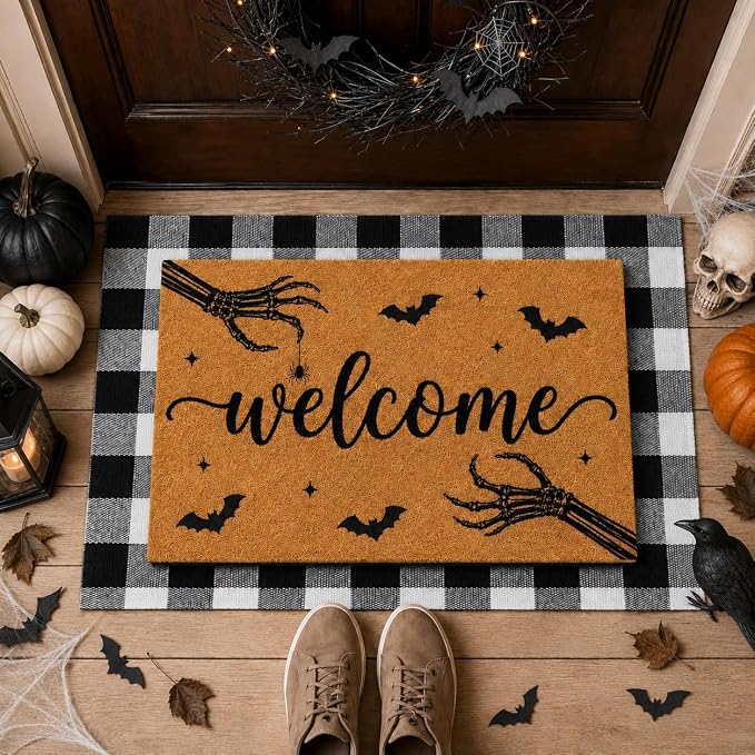 2pcs Halloween Door Mat Set,Skeletal Hand Coco Coir Welcome Doormat,36×24in