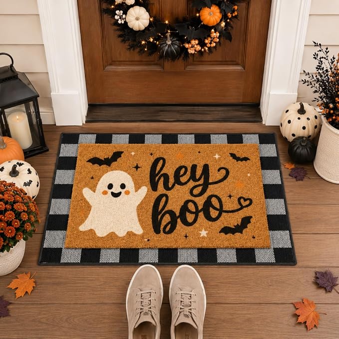 2pcs Halloween Door Mat Set, Boo Ghost Coco Coir Welcome Doormat, 36×24in