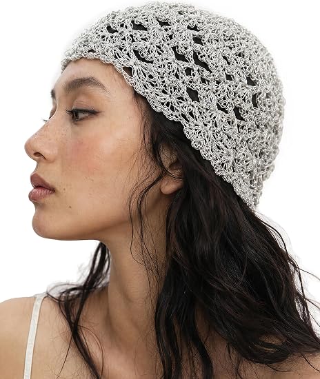 Womens Boho Crochet Beanie Summer Handmade Glitter Skull Party Hat - skull hat