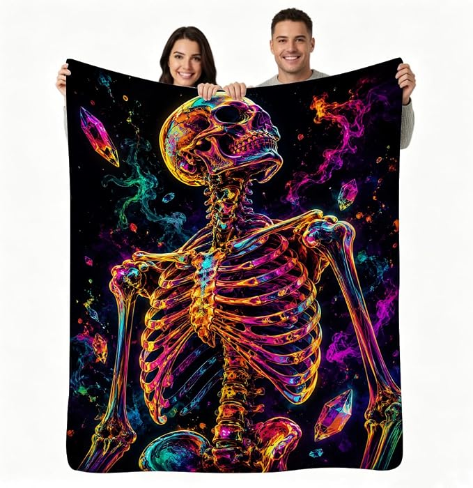 Soft Neon Skull Throw Blanket Cozy Home Decor Gift 50" x 60" - skull blanket