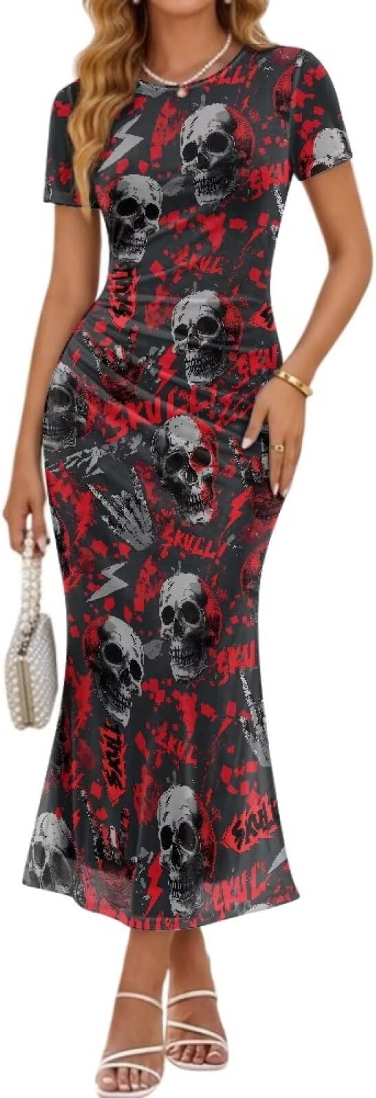 Women's Party Dress for Halloween Christmas, Short Sleeve Mesh Maxi Holiday Long Dresses - sugar skull dress