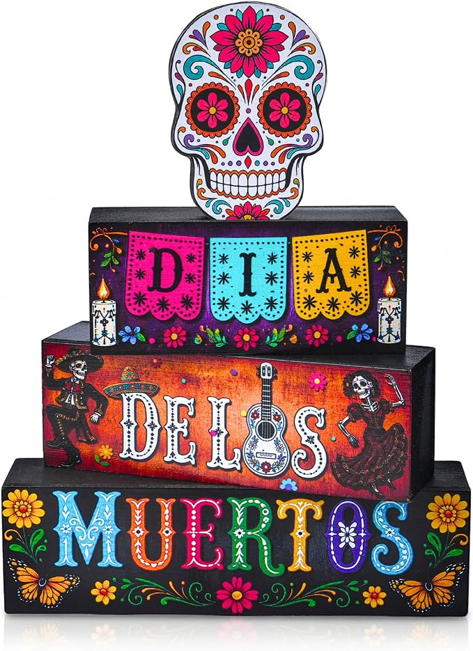 Dia De Los Muertos Decorations 4 Pcs Wooden Block Sugar Skull Decor Table - skull candle