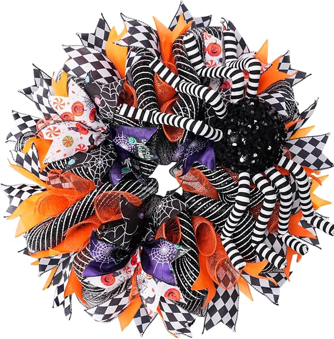 18 Inch Halloween Mesh Wreath for Front Door, Halloween Wreaths with 3D Large Striped Spider, Black Orange Purple Check Ribbon, Halloween Decor Indoor Outdoor for Home, Porch, Wall
