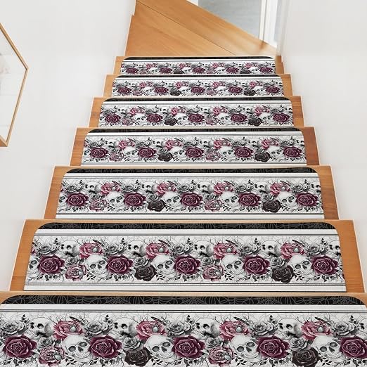 Halloween Stair Treads for Wooden Steps Indoor, Skull Black Roses Stair Tread 4 Pack Non Slip Carpet Stair Tread Mat Runner Rugs Skeleton Cobwebs Staircase Step Treads for Kids Elders Dogs 8"x30" - skull carpet
