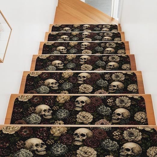 Halloween Stair Treads for Wooden Steps Indoor, Floral Skulls Stair Tread 4 Pack Non Slip Carpet Stair Tread Mat Runner Rugs Roses Flower Petals Staircase Step Treads for Kids Elders Dogs 8"x30" - skull carpet
