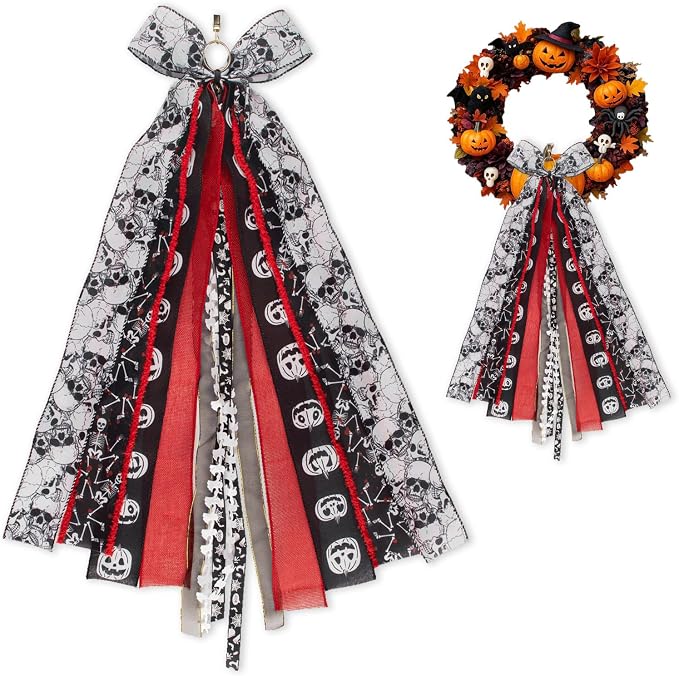 1 Pc Halloween Skull Wreath Sash Bow for Front Door Decor,Black Red - skull wreath