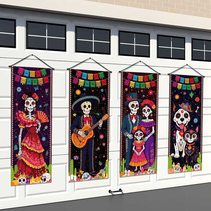 Panelee 4 Pcs Day of The Dead Porch Banner Decoration - skull carpet