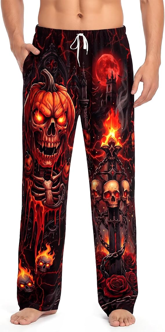 Funny Men's Pajama Pants Lightweight, Drawstring Sleep Pants - skull pajamas