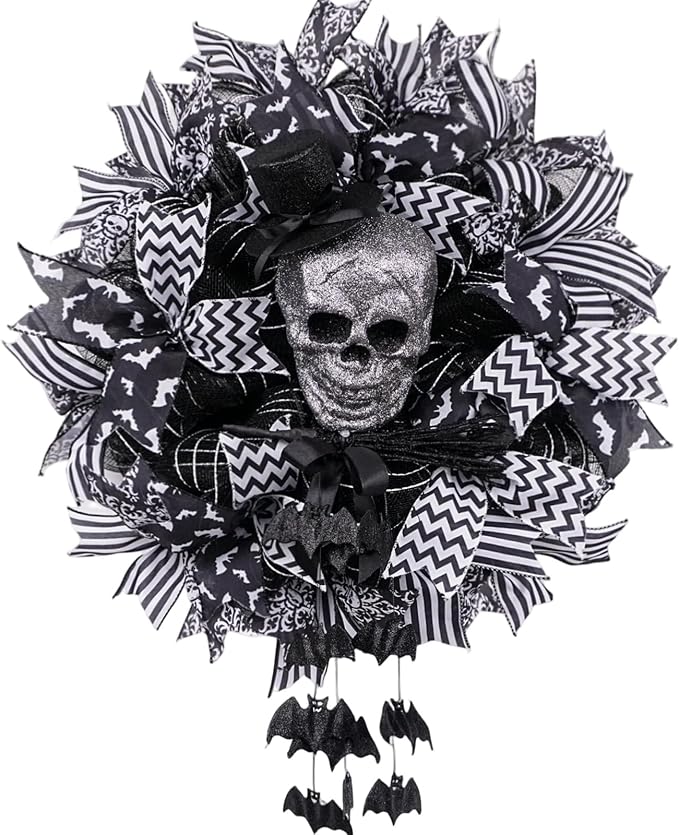 Halloween Wreath for Front Door,18 Inch Black White Gothic Skull Halloween Wreath with Glitter Skull, Hanging Bats & Wired Ribbons, Halloween Door Decor - skull wreath