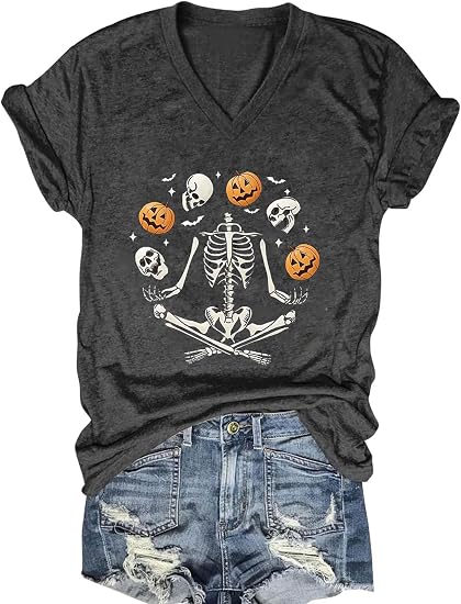 Fall V Neck T-Shirts Women Halloween Graphic Shirts Cute Pumpkin Ghost Tees Funny Holiday Family Short Sleeves Tops - skull tshirt