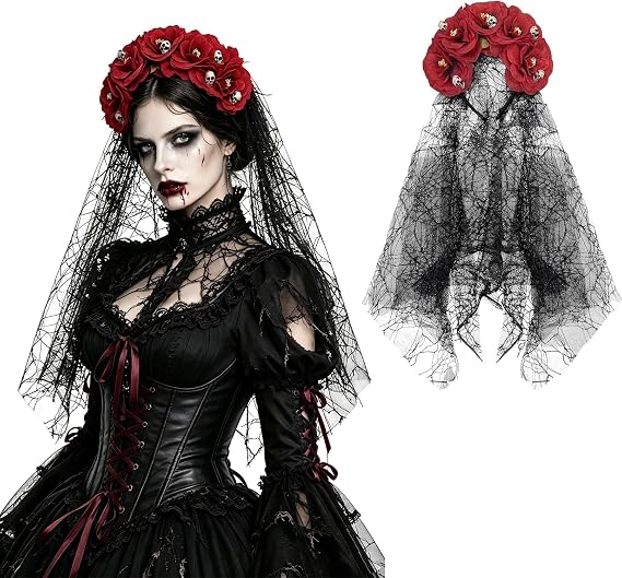 Laahoem Rose Floral Veil Headband Roses Skulls Day of the Dead Headpiece - sugar skull costume