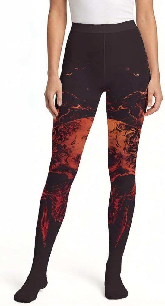 Flame Heavy Metal Skull Women's Tights High Waist Pantyhose - sugar skull costume