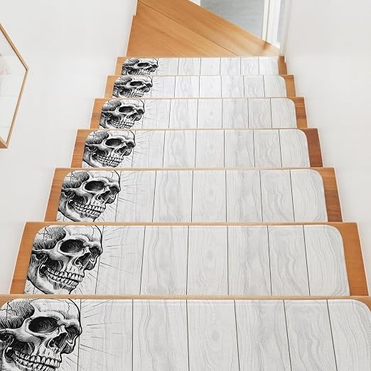 Halloween Stair Treads for Wooden Steps Indoor, Skull Stair Tread 4 Pack Non Slip Carpet Stair Tread Mat Runner Rugs Skeleton Retro Wood Grain Staircase Step Treads for Kids Elders Dogs 8"x30" - skull carpet