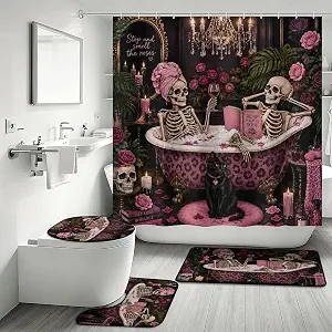 Pink Skull 4 Piece Shower Curtain Set Decorative Bathroom Set with 3 Rugs - skull toilet mat