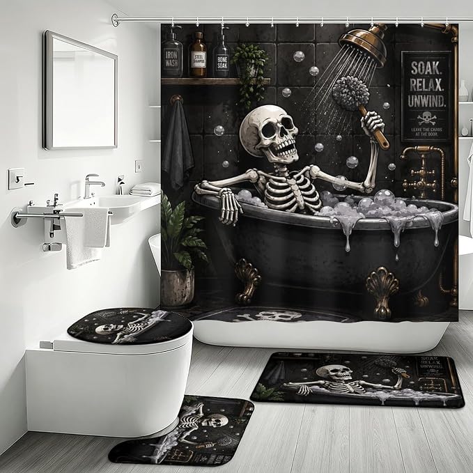 Gothic Skull 4 Piece Shower Curtain Set Decorative Bathroom Set with 3 Rugs - skull toilet mat