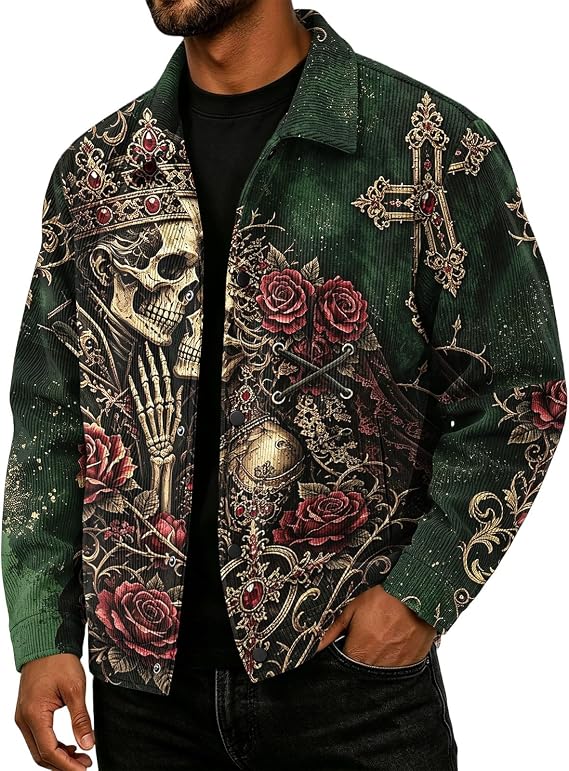 Halloween Jacket Men Gothic Style Graphic Print Halloween Costume Corduroy Collared Jacket for Men - skull jacket