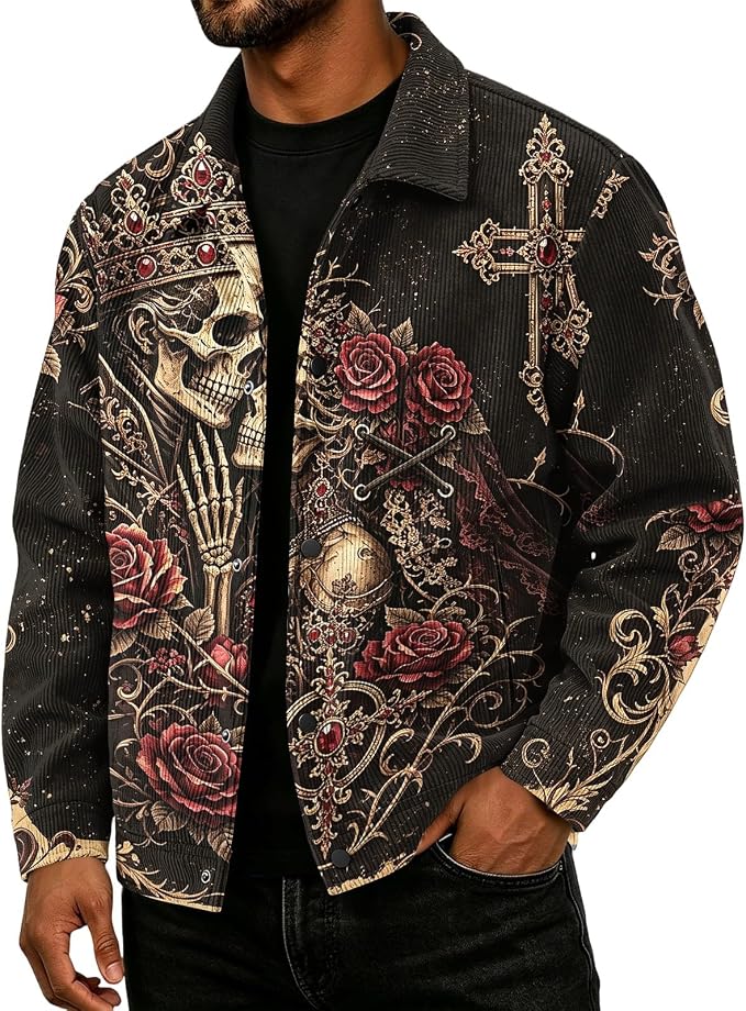 Halloween Jacket Men Gothic Style Graphic Print Halloween Costume Corduroy Collared Jacket for Men - skull jacket
