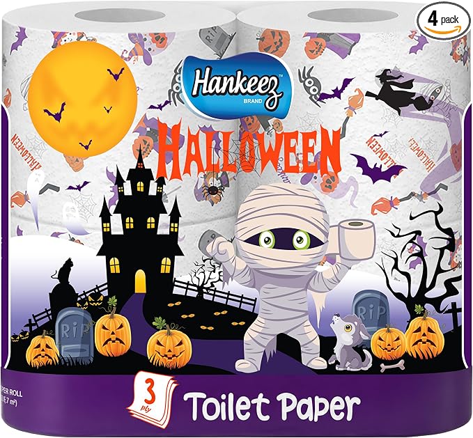 Halloween Printed Toilet Paper, 4 Rolls - 3-Ply - 200 Sheets per Roll - Soft, Spooky Halloween Bathroom Tissue - skull toilet paper