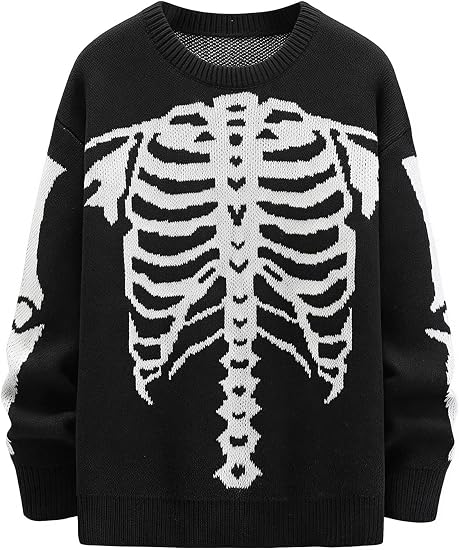 VIPWOLF Men's Skeleton Graphic Sweaters Y2K Gothic Crewneck Sweater Jumper - skull sweatshirts