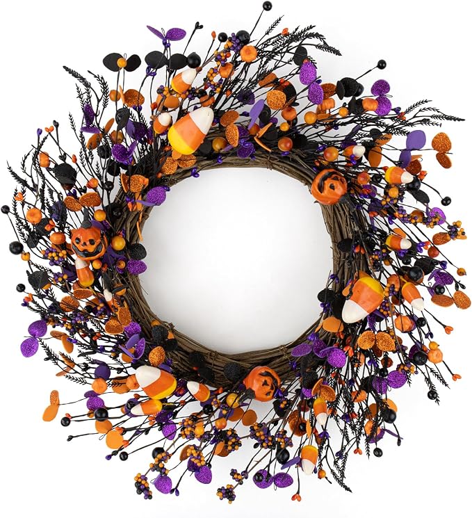 JINGHONG 22" Halloween Wreath, Halloween Candy Jack-o'-Lantern Black Berry - skull wreath
