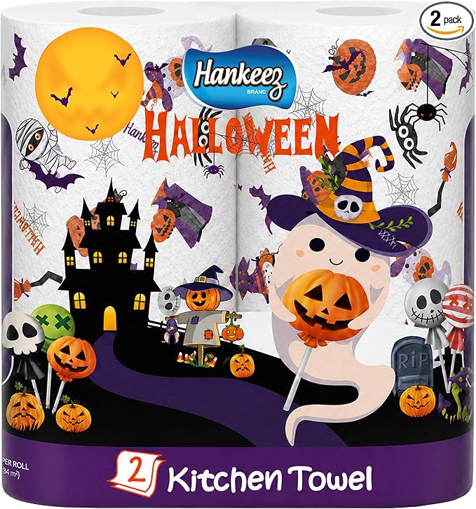 Halloween Printed Paper Towels, 2 Rolls - 2-Ply - 70 Sheets per Roll - Absorbent, Spooky Halloween Kitchen Towels - skull toilet paper