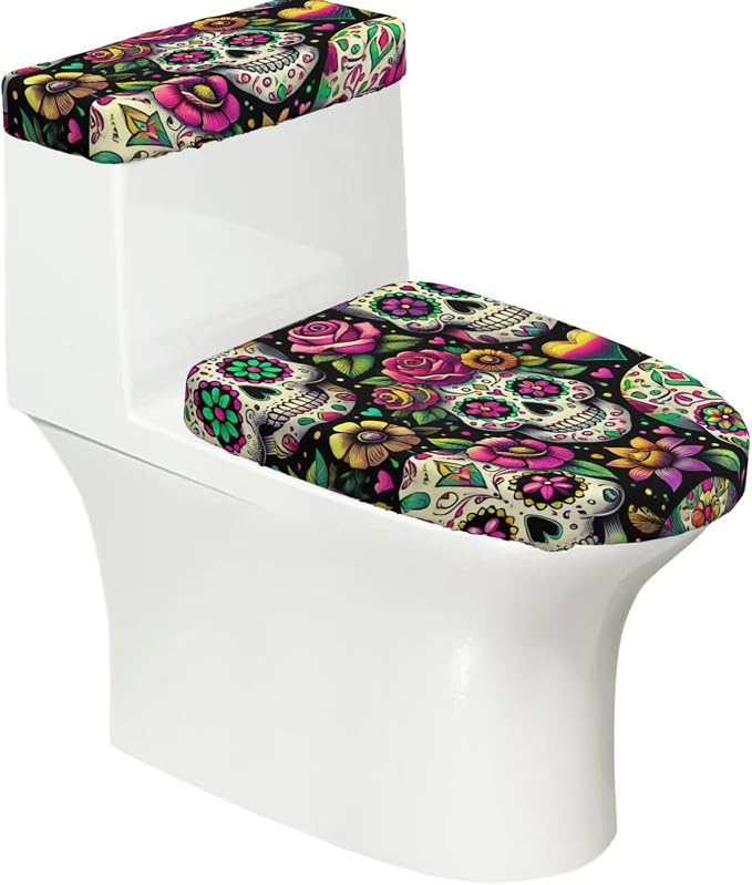 Toilet Lid Cover Set Sugar Skulls Day Of Dead - skull toilet paper