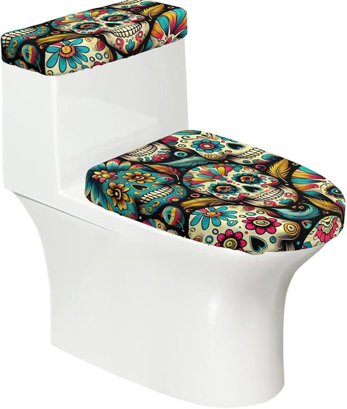 Toilet Lid Cover Set Mexican Sugar Skulls Halloween - skull toilet mat