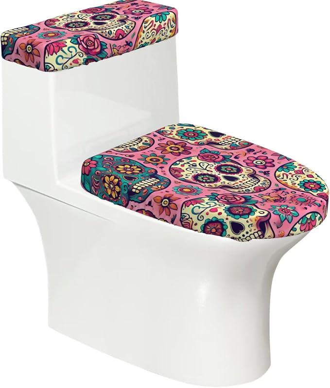 Toilet Lid Cover Set Sugar Skulls Flower Floral - skull toilet paper