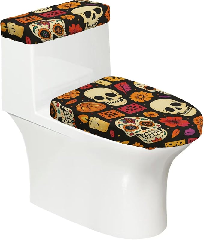 Toilet Lid Cover Set Sugar Skulls Halloween - skull toilet paper