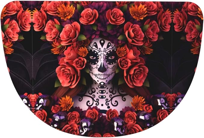 Day of The Dead Sugar Roses Skull Print Half Round Rug - skull toilet mat