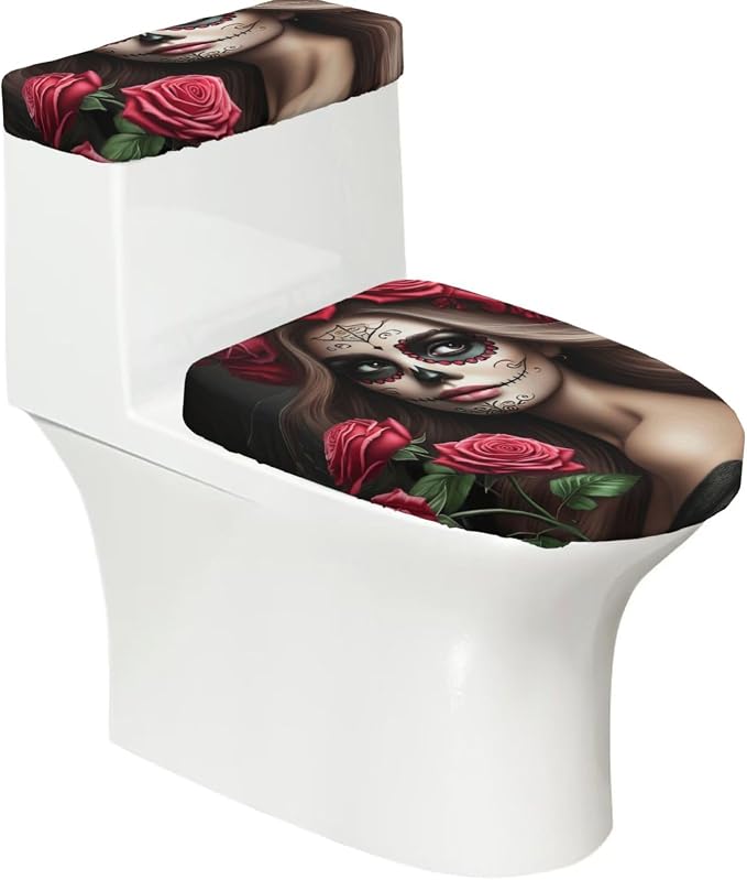 Toilet Lid Cover Set Mexican Sugar Skull Rose - skull toilet paper