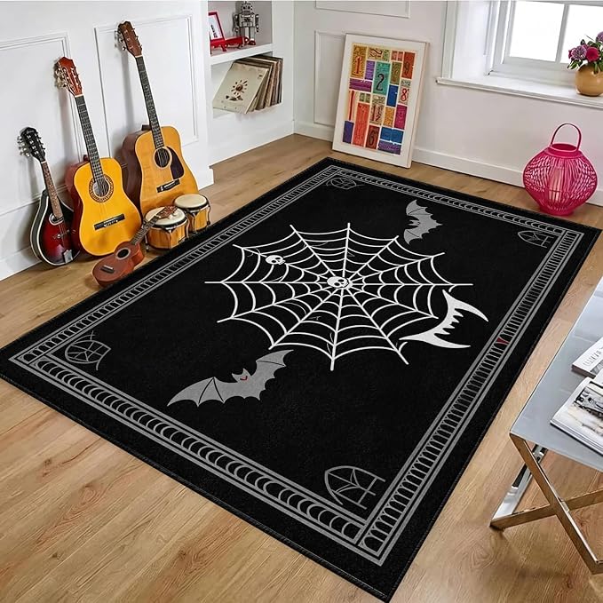 Skull Spider Web Area Rug 3x5ft Vampire Fangs Bat Carpet - skull carpet